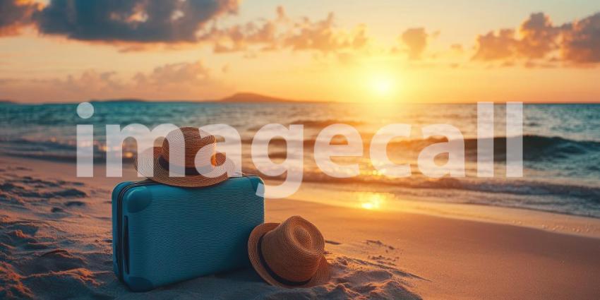 Beachside Getaway: Suitcase and Hat Await at Sunset Shore, a Tranquil Escape to Ocean's Edge and Painted Skies.