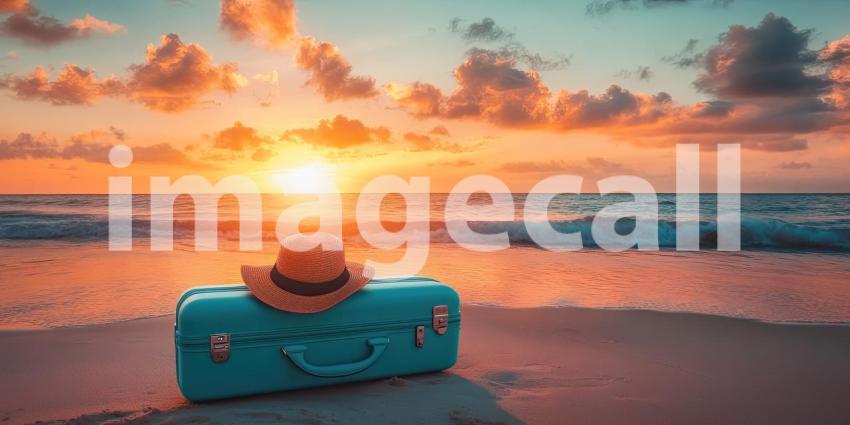 Beachside Getaway: Suitcase and Hat Await at Sunset Shore, a Tranquil Escape to Ocean's Edge and Painted Skies.