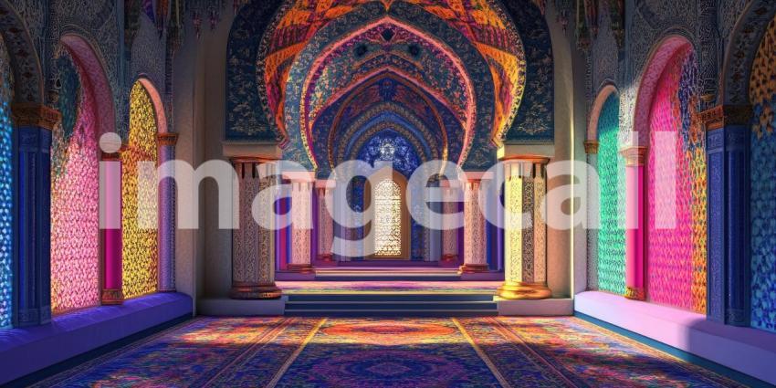 Ornate Palace Hallway: Arches and Stained Glass Cast Colorful Light, a Journey Through Intricate Islamic Architecture and Design.