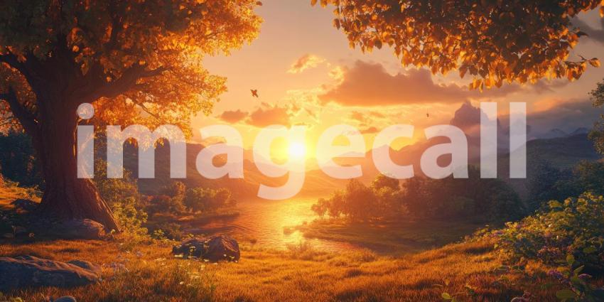 Golden Valley Sunset: River Reflects Sun's Glow, Trees Frame a Peaceful Landscape, a Moment of Tranquil Beauty.