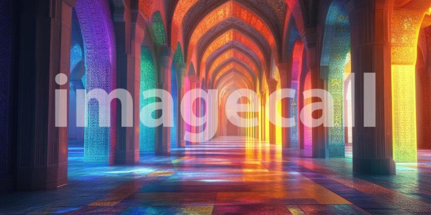 Ornate Palace Hallway: Arches and Stained Glass Cast Colorful Light, a Journey Through Intricate Islamic Architecture and Design.