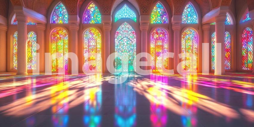 Ornate Palace Hallway: Arches and Stained Glass Cast Colorful Light, a Journey Through Intricate Islamic Architecture and Design.