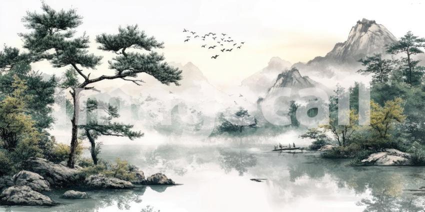 Crimson Moon Over Mountains: Silhouetted Trees and Birds in an Ethereal Landscape, a Dreamlike Scene of Tranquil Mystery.