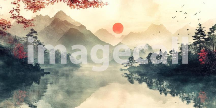 Crimson Moon Over Mountains: Silhouetted Trees and Birds in an Ethereal Landscape, a Dreamlike Scene of Tranquil Mystery.