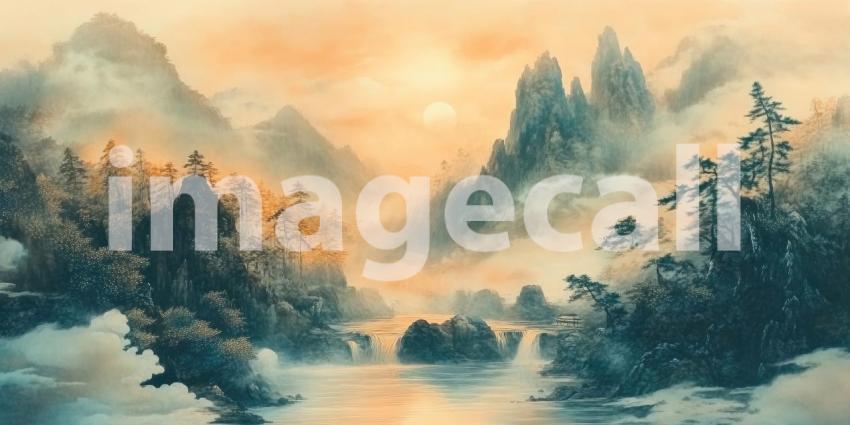 Crimson Moon Over Mountains: Silhouetted Trees and Birds in an Ethereal Landscape, a Dreamlike Scene of Tranquil Mystery.