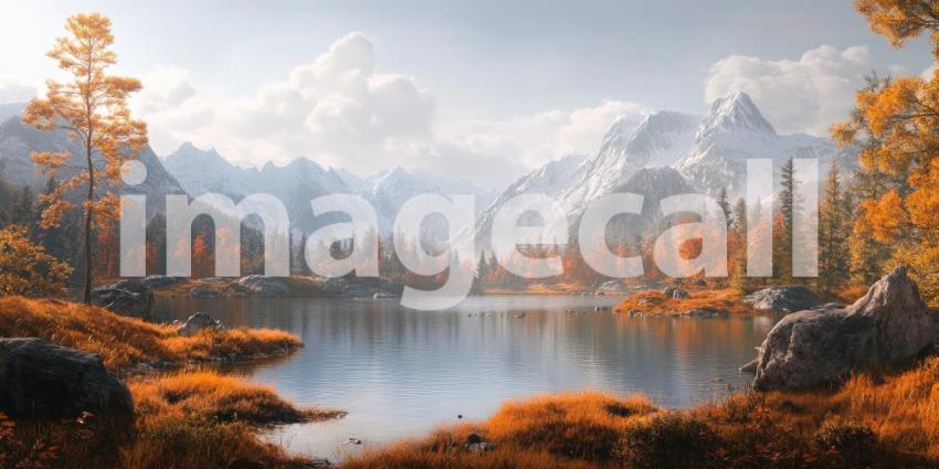 Autumn Mountain Lake Vista: Golden Trees and Snow-Capped Peaks Frame Still Waters, a Serene Landscape in Soft, Misty Light.