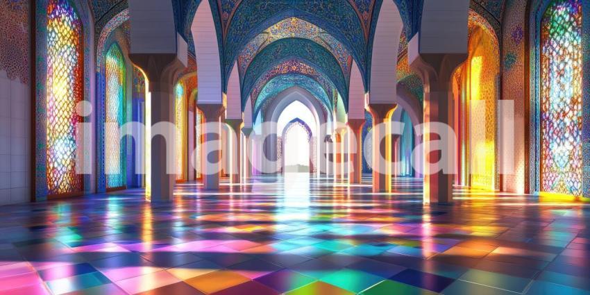 Ornate Palace Hallway: Arches and Stained Glass Cast Colorful Light, a Journey Through Intricate Islamic Architecture and Design.