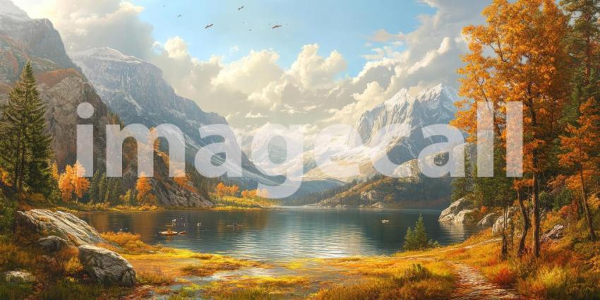 Autumn Mountain Lake Vista: Golden Trees and Snow-Capped Peaks Frame Still Waters, a Serene Landscape in Soft, Misty Light.