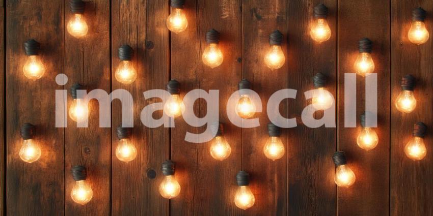 Glowing Bulb Array: Warm Lights on Rustic Wood, a Pattern of Vintage Illumination on a Textured Backdrop.