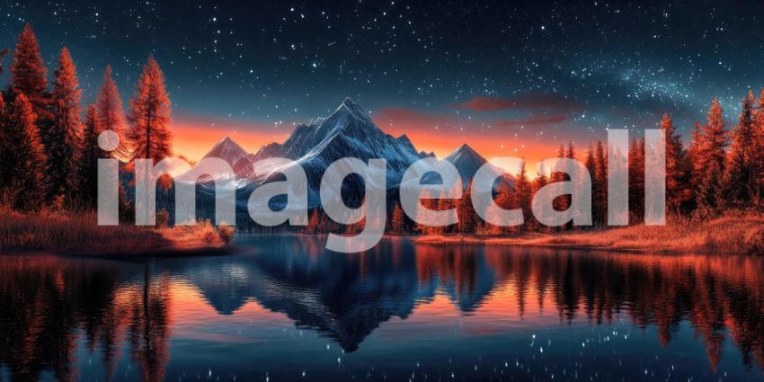 Starlit Mountain Lake: Fiery Sunset Glow Meets Night Sky, Reflections in Still Waters, a Serene Landscape of Contrasting Beauty.