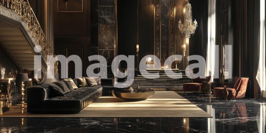 Opulent Black and Gold Salon: Marble Floors and Grand Staircase, Crystal Chandelier and Plush Seating, a Luxurious and Regal Interior.