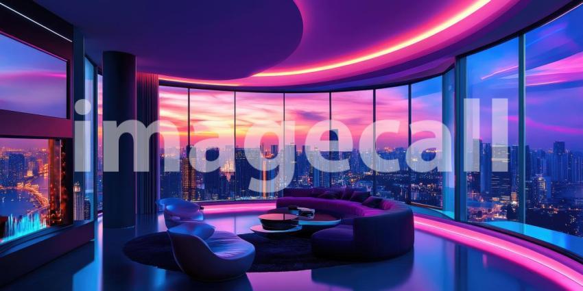 Hue Lit Living Room: Smart Lighting Accents Modern Decor, Soft Couch and Plants, a Vibrant and Cozy Interior Space.