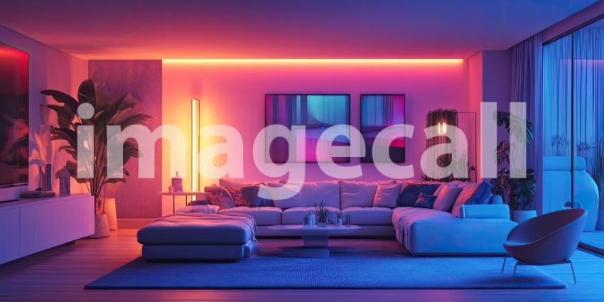 Hue Lit Living Room: Smart Lighting Accents Modern Decor, Soft Couch and Plants, a Vibrant and Cozy Interior Space.