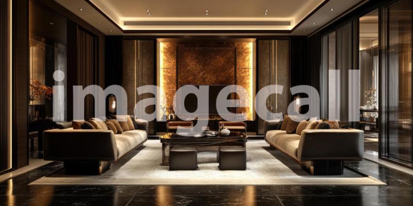 Opulent Black and Gold Salon: Marble Floors and Grand Staircase, Crystal Chandelier and Plush Seating, a Luxurious and Regal Interior.