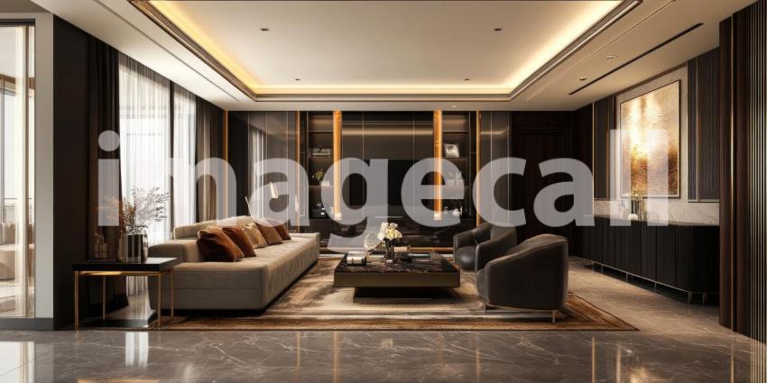 Opulent Black and Gold Salon: Marble Floors and Grand Staircase, Crystal Chandelier and Plush Seating, a Luxurious and Regal Interior.