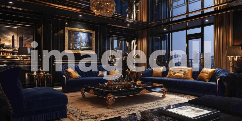 Opulent Black and Gold Salon: Marble Floors and Grand Staircase, Crystal Chandelier and Plush Seating, a Luxurious and Regal Interior.