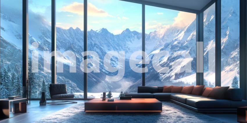 Mountain View Living: Floor-to-Ceiling Windows Frame Snowy Peaks, Modern Furniture and Rug, a Cozy Interior with Breathtaking Scenery.