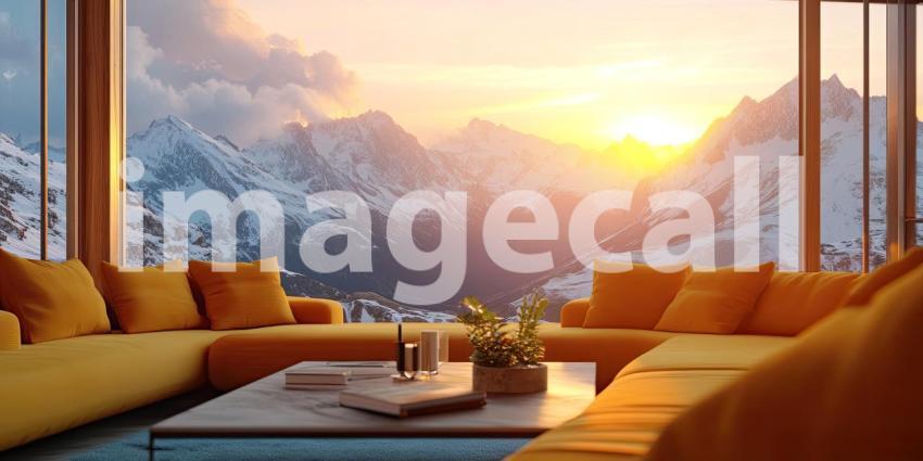 Mountain View Living: Floor-to-Ceiling Windows Frame Snowy Peaks, Modern Furniture and Rug, a Cozy Interior with Breathtaking Scenery.