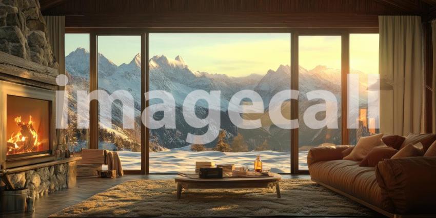 Mountain View Living: Floor-to-Ceiling Windows Frame Snowy Peaks, Modern Furniture and Rug, a Cozy Interior with Breathtaking Scenery.