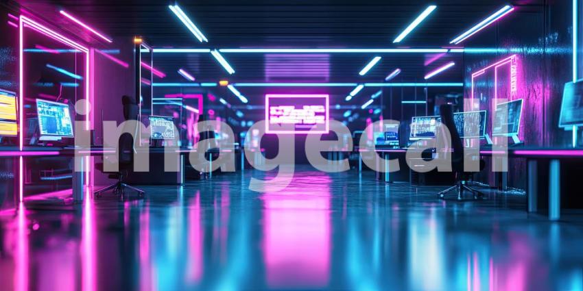 Neon Office Aisle: Electric Lights Guide Through Modern Workspace, Desks and Plants in a Futuristic, Color-Infused Atmosphere.