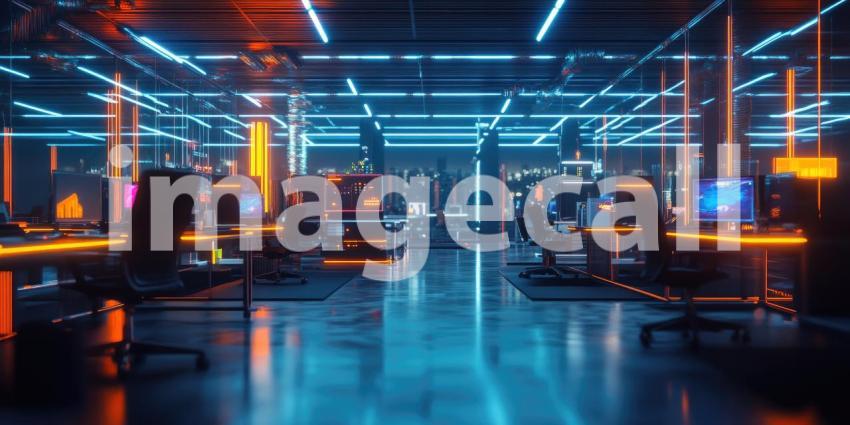 Neon Office Aisle: Electric Lights Guide Through Modern Workspace, Desks and Plants in a Futuristic, Color-Infused Atmosphere.