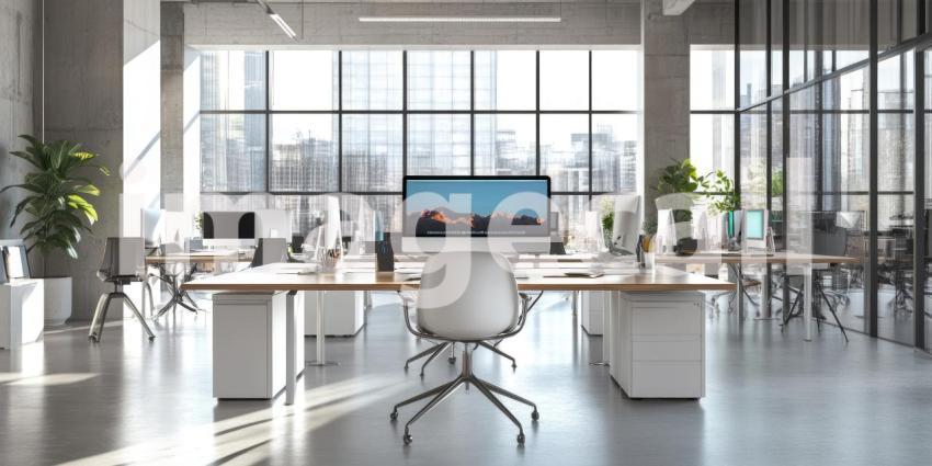 Modern Office Serenity: Desks and Plants in Light-Filled Space, Concrete Columns and Large Windows, a Minimalist and Airy Workspace.