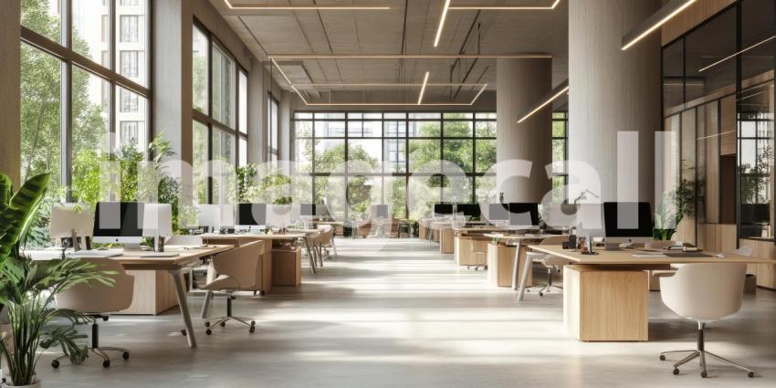 Modern Office Serenity: Desks and Plants in Light-Filled Space, Concrete Columns and Large Windows, a Minimalist and Airy Workspace.