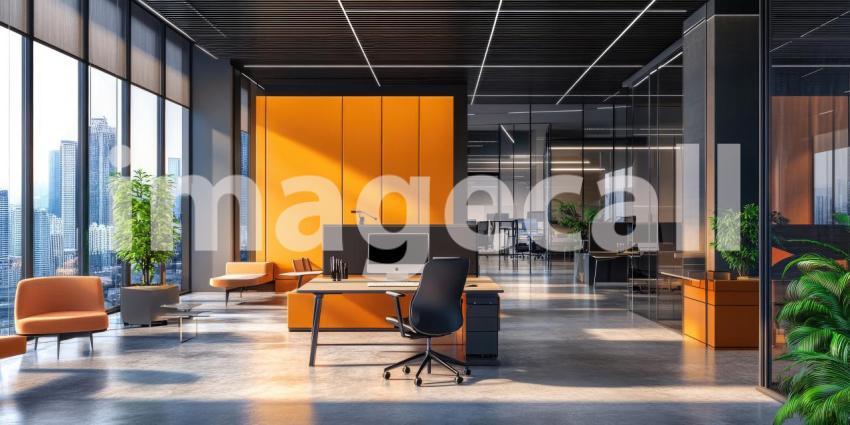 Modern Office Serenity: Desks and Plants in Light-Filled Space, Concrete Columns and Large Windows, a Minimalist and Airy Workspace.