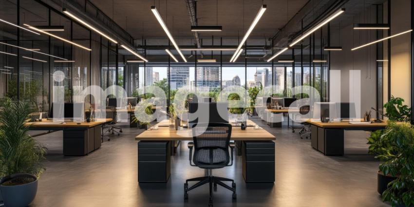 Modern Office Serenity: Desks and Plants in Light-Filled Space, Concrete Columns and Large Windows, a Minimalist and Airy Workspace.