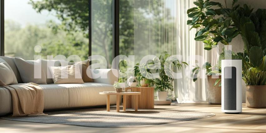 Plant-Filled Living Room: White Sofa and Wooden Accents, Sunlight Streams Through Window, a Cozy and Natural Indoor Oasis.