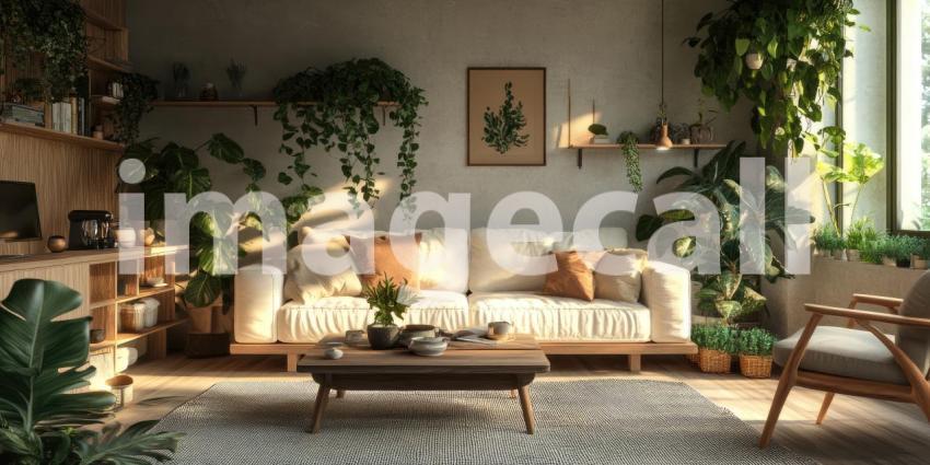 Plant-Filled Living Room: White Sofa and Wooden Accents, Sunlight Streams Through Window, a Cozy and Natural Indoor Oasis.
