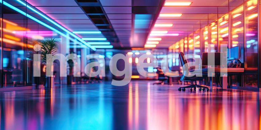 Neon Office Aisle: Electric Lights Guide Through Modern Workspace, Desks and Plants in a Futuristic, Color-Infused Atmosphere.