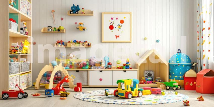 Sunlit Playroom Delight: Toys and Shelves in a Blue Patterned Room, Window to Greenery, a Child's World of Imagination.