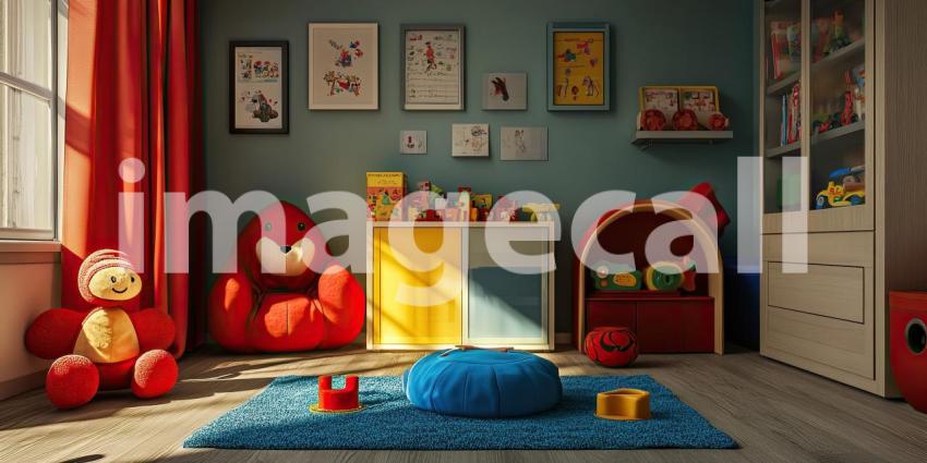 Sunlit Playroom Delight: Toys and Shelves in a Blue Patterned Room, Window to Greenery, a Child's World of Imagination.