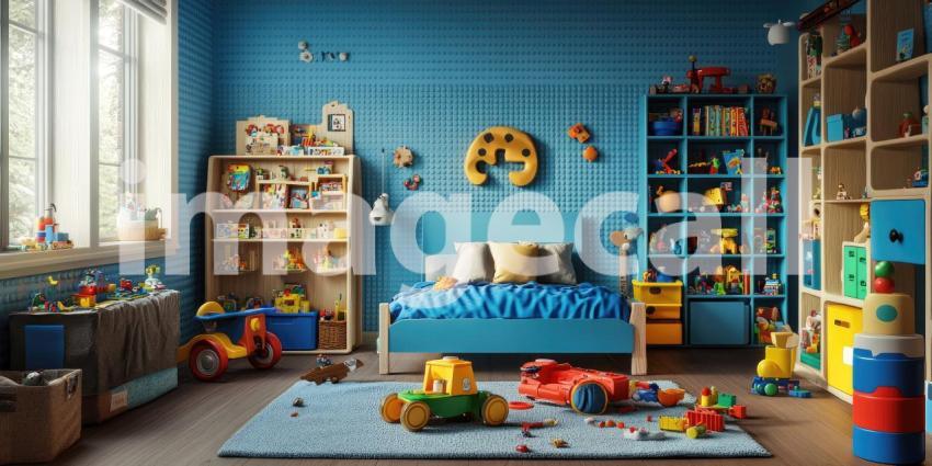 Sunlit Playroom Delight: Toys and Shelves in a Blue Patterned Room, Window to Greenery, a Child's World of Imagination.