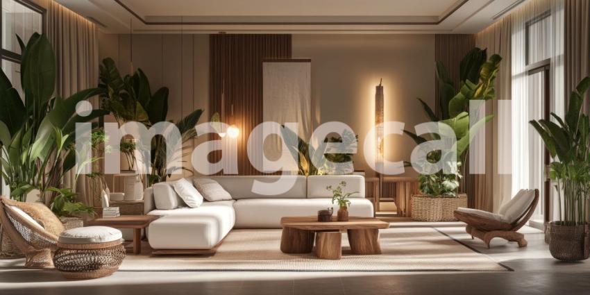 Plant-Filled Living Room: White Sofa and Wooden Accents, Sunlight Streams Through Window, a Cozy and Natural Indoor Oasis.