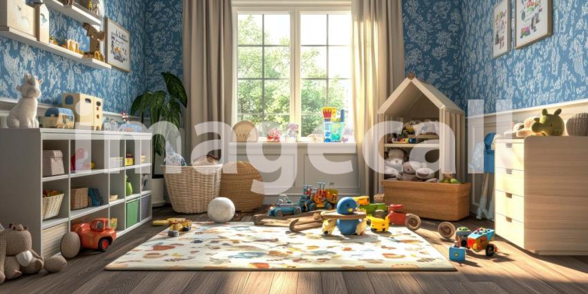 Sunlit Playroom Delight: Toys and Shelves in a Blue Patterned Room, Window to Greenery, a Child's World of Imagination.