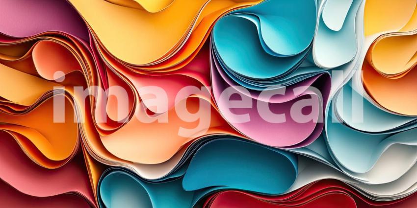 Swirling Paper Rainbow: Vibrant Colors and Delicate Curls, a Textured Abstract of Rolled Paper in a Playful, Dynamic Design.