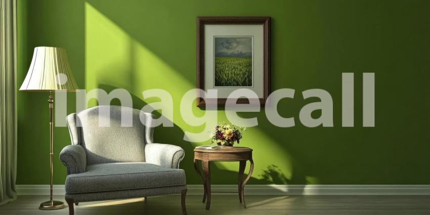 Emerald Room Elegance: Green Walls and Plants, a Cozy Armchair and Warm Lamp Light in a Classic, Refined Interior.