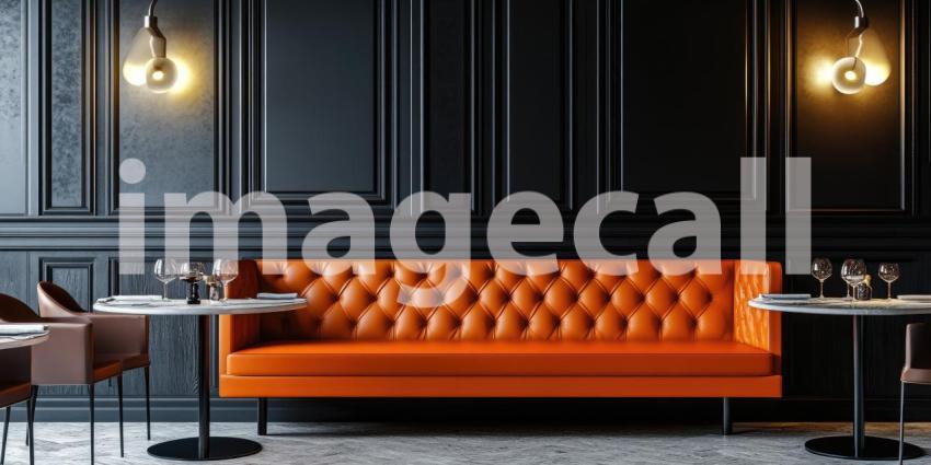 Terracotta and Shadow: Orange Sofa Against Warm Wall, Sunlight Creates Geometric Patterns, a Modern Interior with Vibrant Hues.