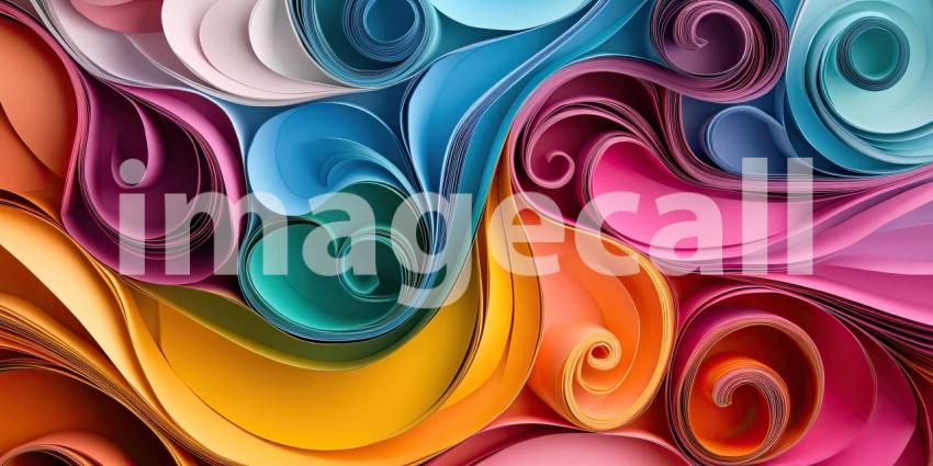 Swirling Paper Rainbow: Vibrant Colors and Delicate Curls, a Textured Abstract of Rolled Paper in a Playful, Dynamic Design.