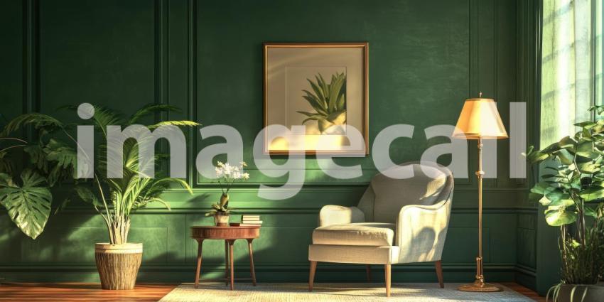 Emerald Room Elegance: Green Walls and Plants, a Cozy Armchair and Warm Lamp Light in a Classic, Refined Interior.
