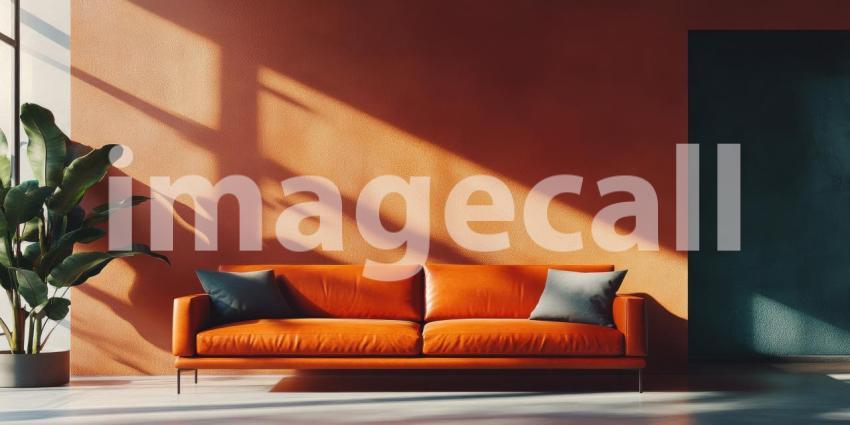 Terracotta and Shadow: Orange Sofa Against Warm Wall, Sunlight Creates Geometric Patterns, a Modern Interior with Vibrant Hues.