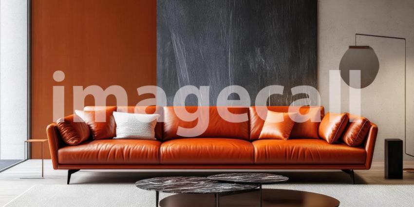 Terracotta and Shadow: Orange Sofa Against Warm Wall, Sunlight Creates Geometric Patterns, a Modern Interior with Vibrant Hues.