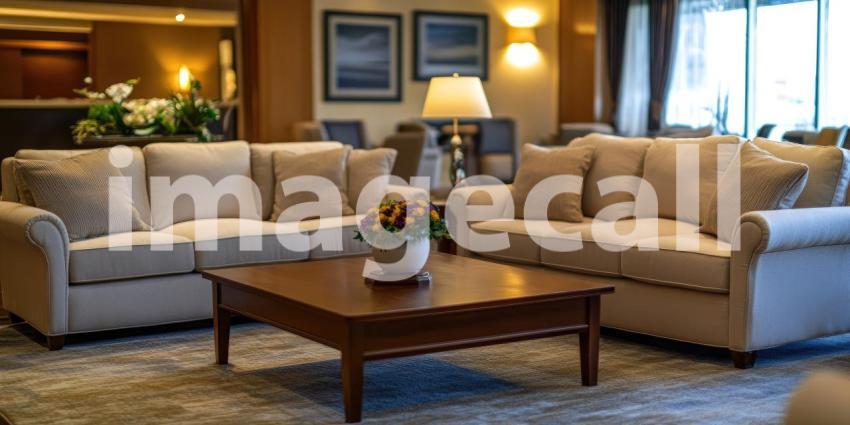 Hotel Lobby Comfort: Beige Sofas and Wooden Table, Warm Lighting and Flowers Create a Welcoming, Relaxing Atmosphere.