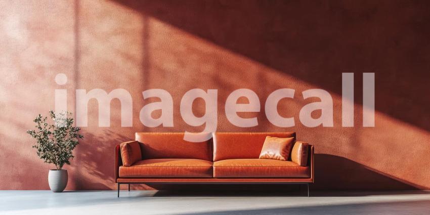 Terracotta and Shadow: Orange Sofa Against Warm Wall, Sunlight Creates Geometric Patterns, a Modern Interior with Vibrant Hues.