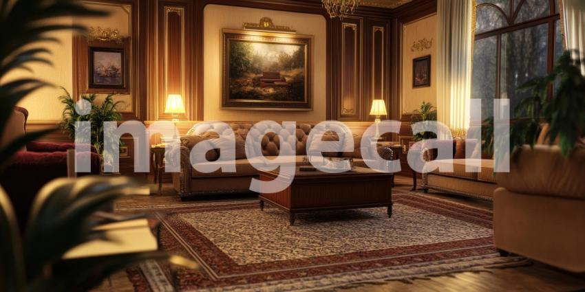 Hotel Lobby Comfort: Beige Sofas and Wooden Table, Warm Lighting and Flowers Create a Welcoming, Relaxing Atmosphere.