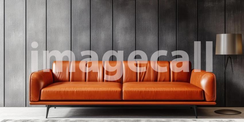 Terracotta and Shadow: Orange Sofa Against Warm Wall, Sunlight Creates Geometric Patterns, a Modern Interior with Vibrant Hues.