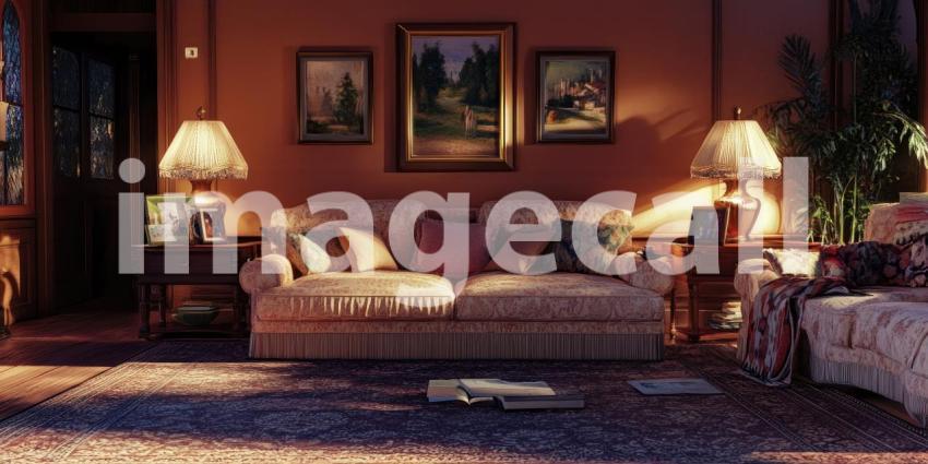 Hotel Lobby Comfort: Beige Sofas and Wooden Table, Warm Lighting and Flowers Create a Welcoming, Relaxing Atmosphere.