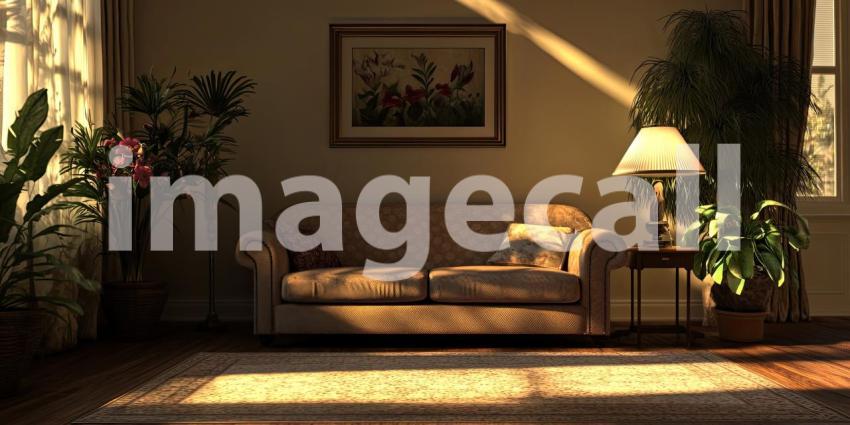 Hotel Lobby Comfort: Beige Sofas and Wooden Table, Warm Lighting and Flowers Create a Welcoming, Relaxing Atmosphere.